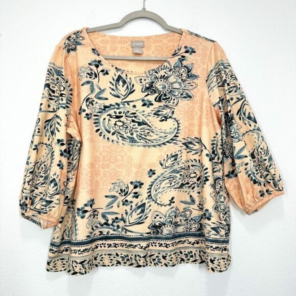 Chico's Women's Size XLP Peach Blue Paisley Casual Shirt Puff Sleeve